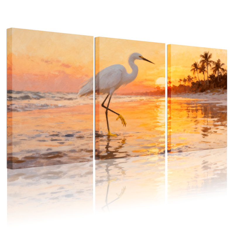 Birds Sunset Beach Heron Reflection Palm Trees Sky Water, ensemble de 3 impressions sur toile, H 18 po x l 36 po
