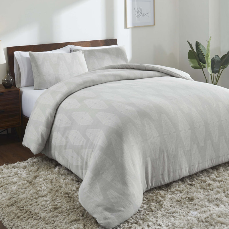 Manali 100% Cotton All Season Bedding Geometric Diamond Lattice Woven Comforter Set, Gray, King Comforter + 2 King Shams