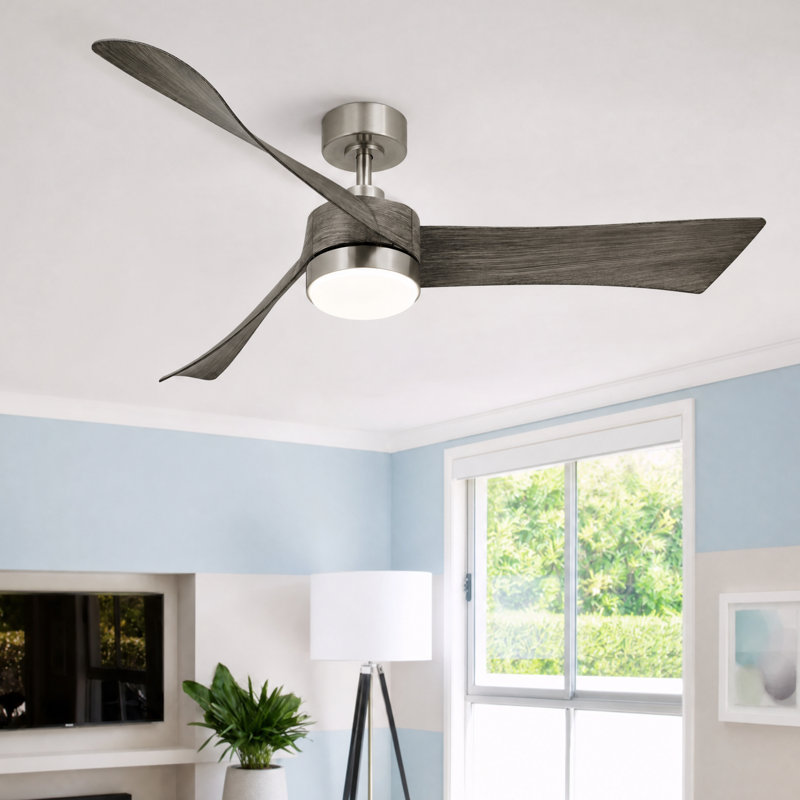 54'' 3 - Blade Modern LED Ceiling Fan with Remote Control and Light Kit, Satin Nickel/Gray Oak