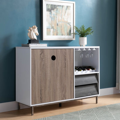 Wooden Display Rack With Drawer, Holds 6 Wine Glasses, White & Dark Taupe Distressed Grey, Cabinet For Storage Drawer And Display, Grey
