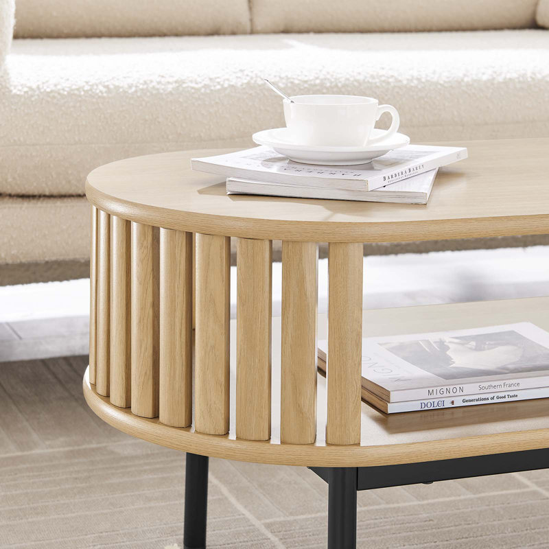 Oak Oval Wood Coffee Table with Black Metal Legs