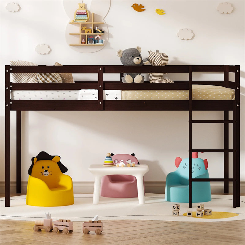 Solid Wood Toddler Platforms Loft Bed Twin Size With Stairs, Brown