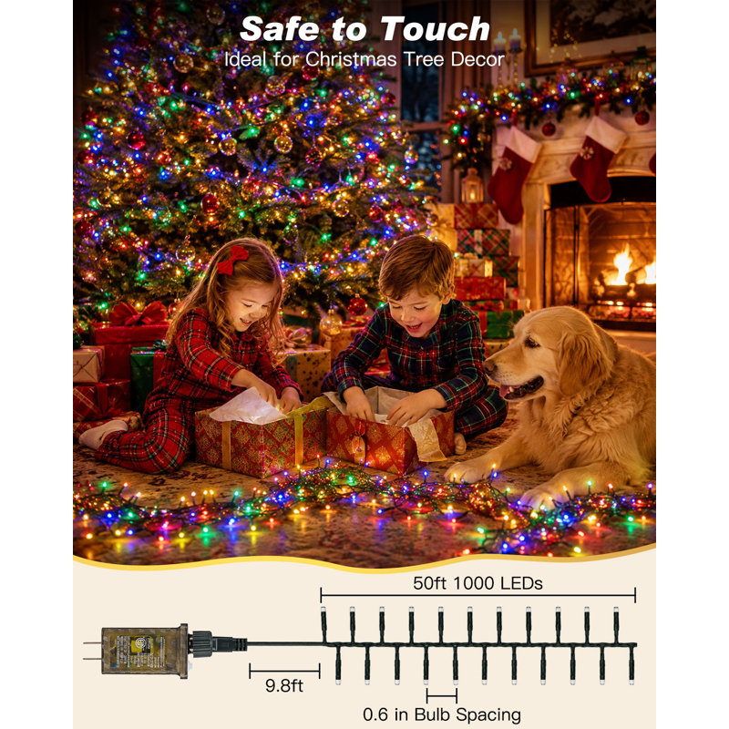 Guirlande lumineuse de Noël de 15 m (50 pi) avec 1000 DEL, télécommande et minuterie, effet pétard multicolore, à brancher, fonction mémoire et 12 modes d'éclairage, étanche, pour fenêtre, porche ou extérieur.
