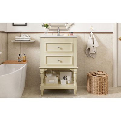 Meuble-lavabo de 20 po avec lavabo en céramique, armoire de rangement avec tablette ouverte, armoire de salle de bain rétro avec 2 tiroirs