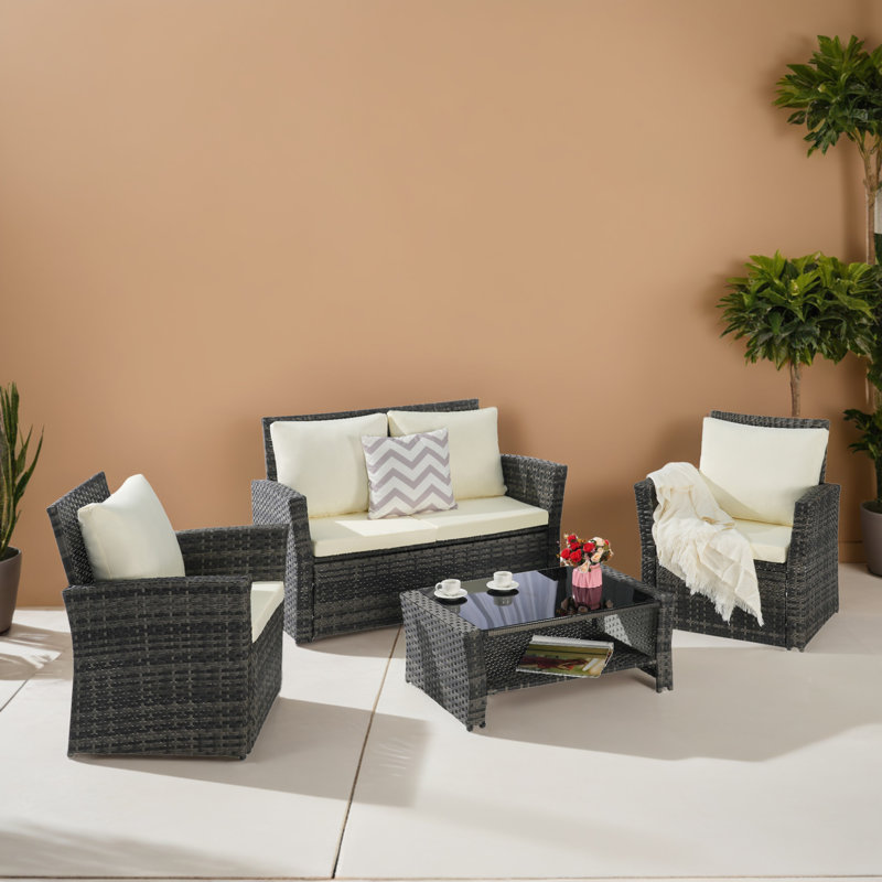 Ensemble de conversation 4 pièces en rotin avec canapé et table basse, Beige