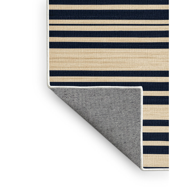 Washable Cream Navy Striped Area Rug, Square 6'
