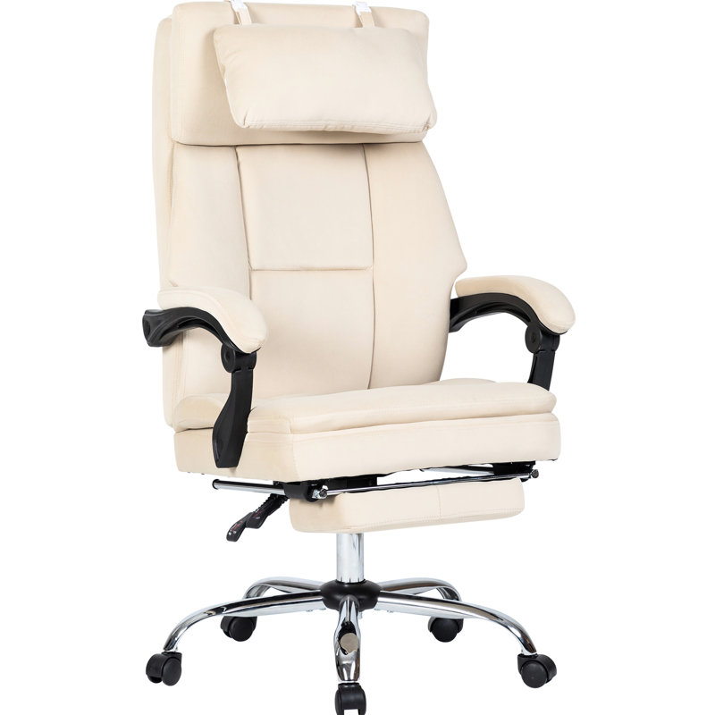Chaise de bureau moderne en velours beige, avec support lombaire et grand siège à hauteur réglable, ergonomique et confortable