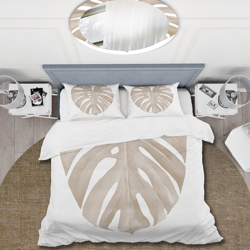 Ensemble de housse de couette ivoire Pastel Monstera, Housse de couette pour grand lit et 2 taies décor