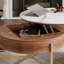 Table basse ronde en noyer fritté avec plateau relevable moderne avec placage de rangement caché et plateau en pierre frittée