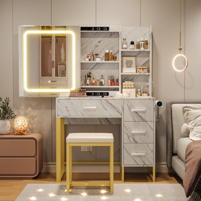 Bureau de coiffeuse à miroir coulissant avec tiroirs, tablettes et tabouret, finition marbre blanc
