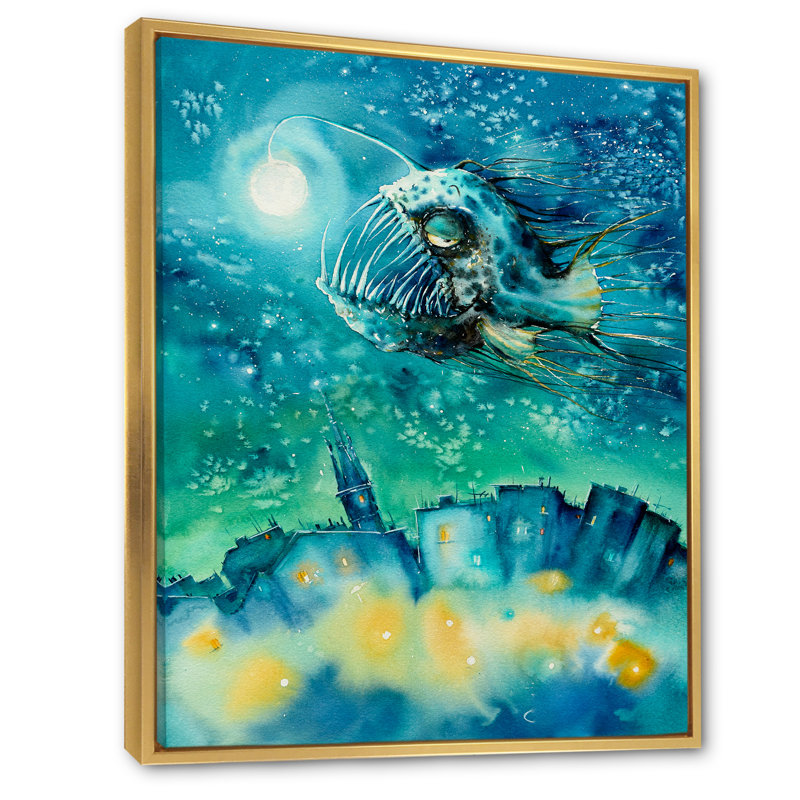 Frightening Sea Creature Angler Fish " Frightening Sea Creature Angler Fish ", 40" H x 30" W x 1.5" D, Gold Floater Frame