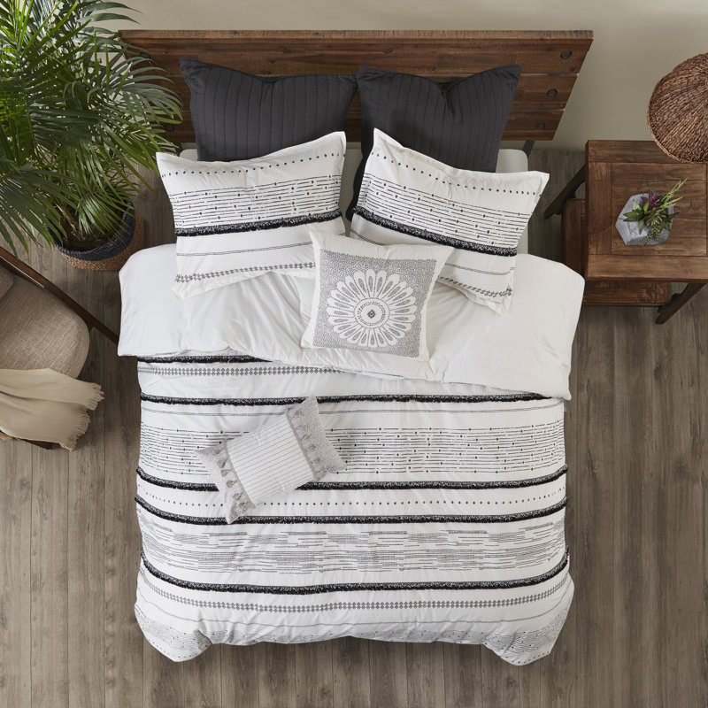 Nea Boho 3-Piece Striped Cotton Duvet Set, Full/Queen Duvet Cover + 2 Standard Shams, Black/White