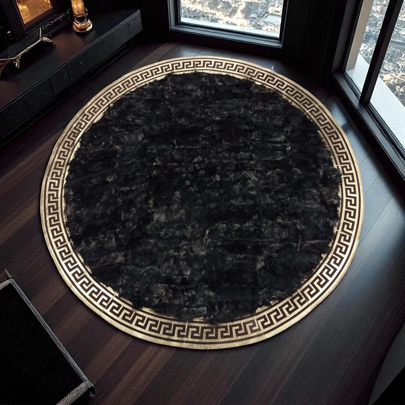 Tapis noir rond de style toscan noir fait à la main, Rond 4 pi