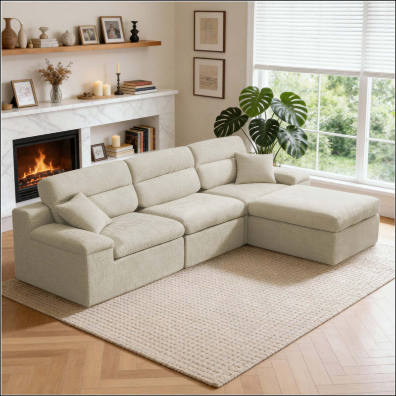 Canapé d'angle avec dossier haut, canapé en L avec chenille flammée, coussin en éponge haute densité compressé, canapé sans assemblage peu encombrant pour le salon, un appartement
