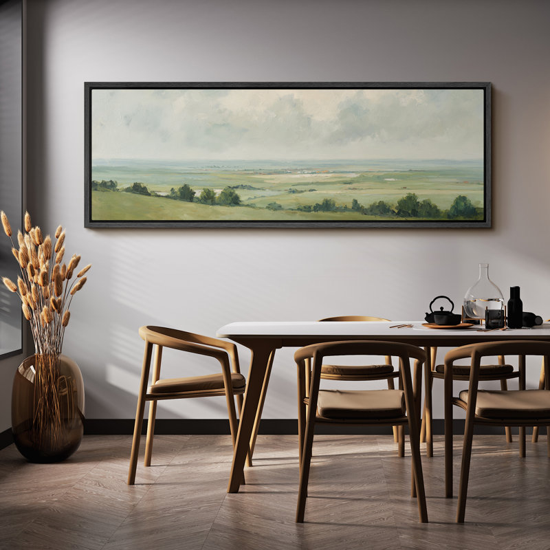Large Framed Canvas Print Wall Art - Vintage Meadow Landscape Print for Modern Farmhouse Decor, 20" H x 60" W, Black