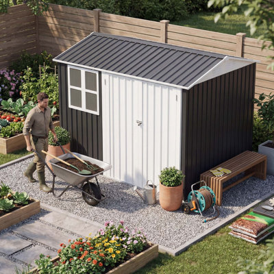 Remise de rangement extérieure en métal 8 pi x 6 pi avec fenêtre Edrosie Inc (gris + blanc)