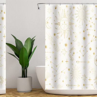 Celestial Chic Shower Curtain - Sun Moon Star Design, Modern & Soft, Machine Washable, Waterproof Polyester, Includes Hooks