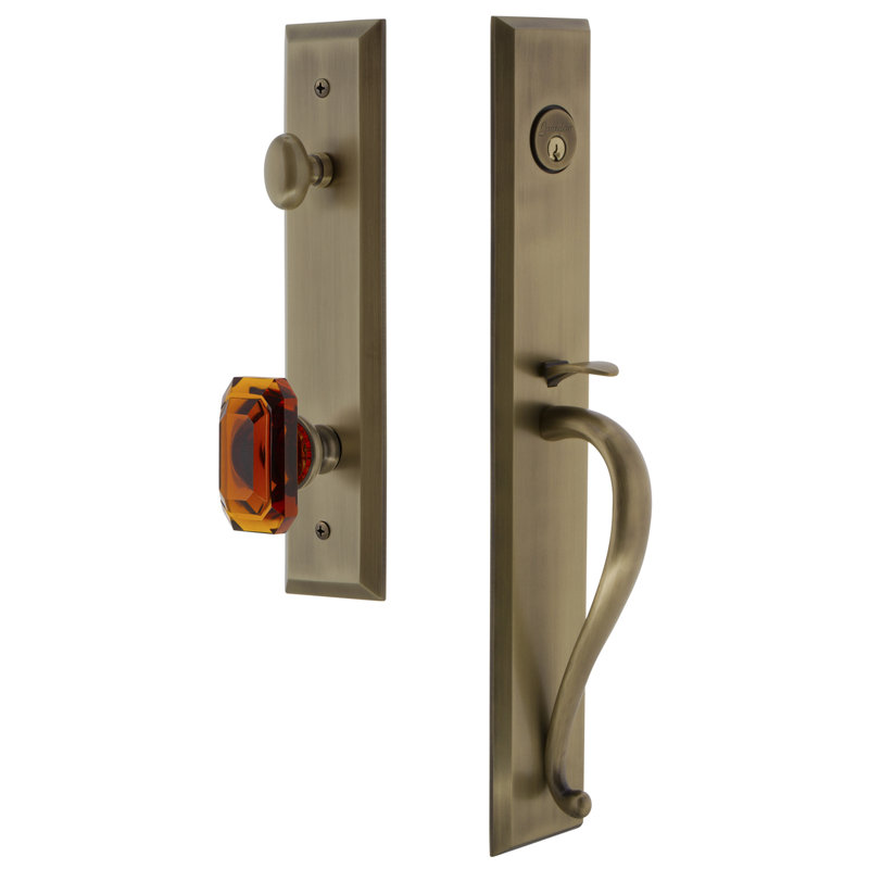 Fifth Avenue One-Piece Dummy Handleset with S Grip and Baguette Amber Knob, Vintage Brass