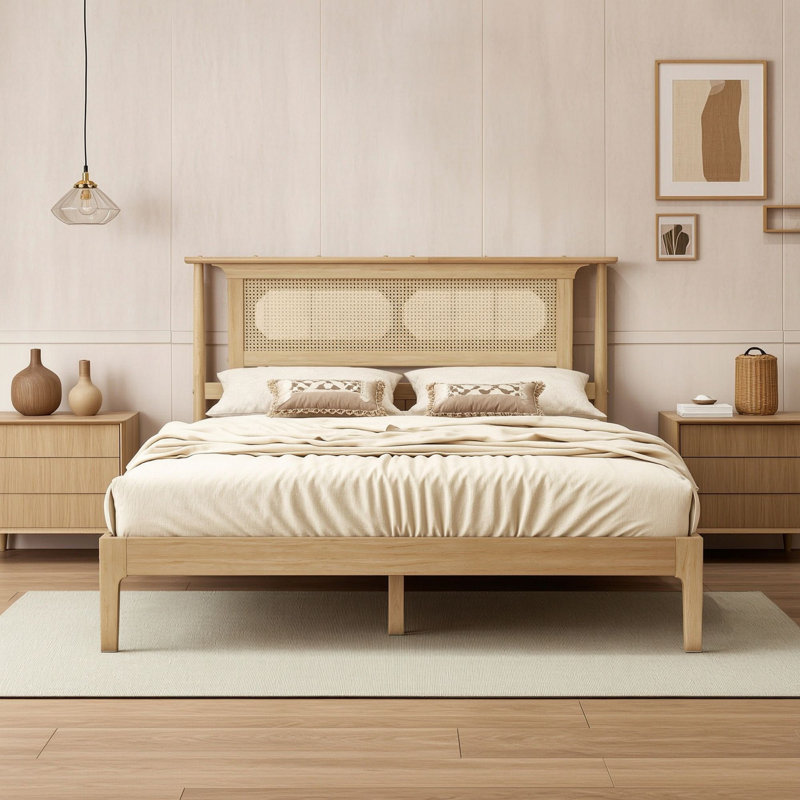 Cadre de lit plateforme en bois avec tête de lit et pieds centraux en rotin, Queen, Natural