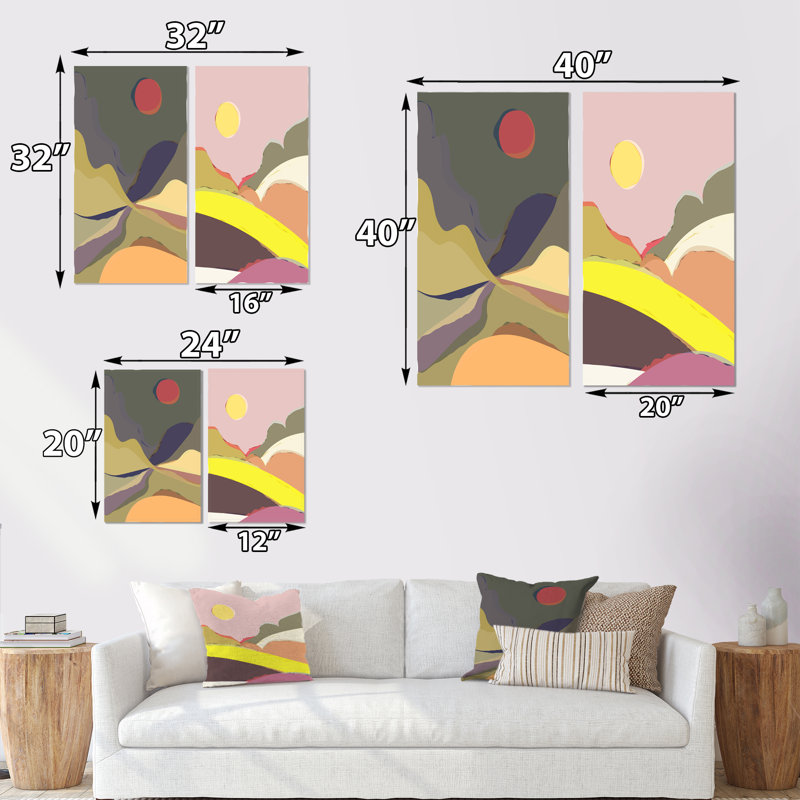 «Full Moon Mountain Retro Landscape II», ensemble de 2 peintures, H 20 po x l 24 po x P 1 po, Toile tendue