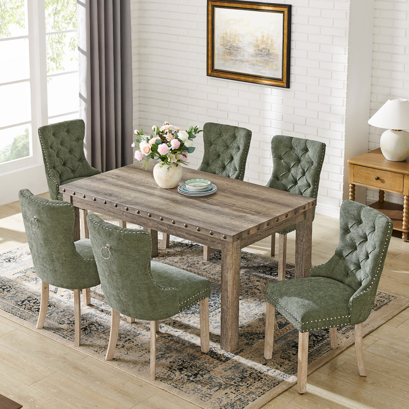 Tufted Dining Chair, Upholstery Chairs With Nailhead And Pull Ring (Set of 6), Chenille Green, 6