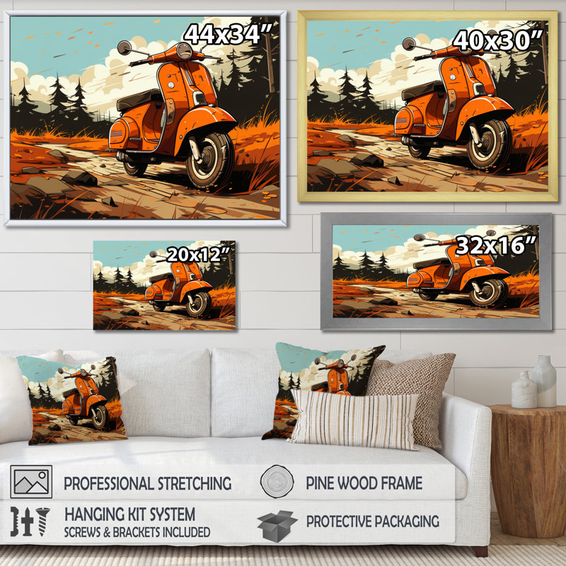 Coral Scooter In Country Retro, reproduction d'art sur toile, H 12 po x l 20 po x P 1 po, Cadre flottant noir