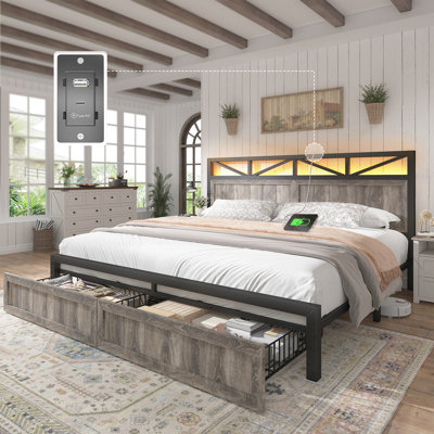 Queen Bed Frame With Headboard, Led Bed Frame With Charging Station, Storage Bed With 2 Wooden Drawers