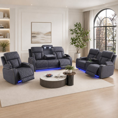 Ensemble de canapé inclinable électrique en cuir 3 pièces avec lumières DEL, chargeur sans fil, console de rangement et table rabattable