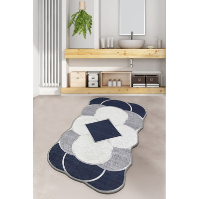 Antibacterial Bathmat, 100% Polyester, 27.6 x 47.2 inches | Non-Slip Underside, Pile Height: 0.4 inches | Dark Blue, Grey & White | Machine Washable, Easy Care, Perfect for Bathroom Safety & Style