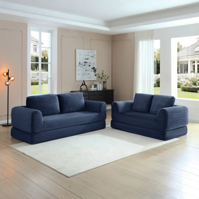 2-In-1 Folding Convertible Sofa Bed, Modern Corduroy Sleeper Couch With 2*Pillows, Futon Modular Upholstered Boneless Sofa Set With Pull-Out Bed,Folding Floor Modular Couch For Living Room Blue