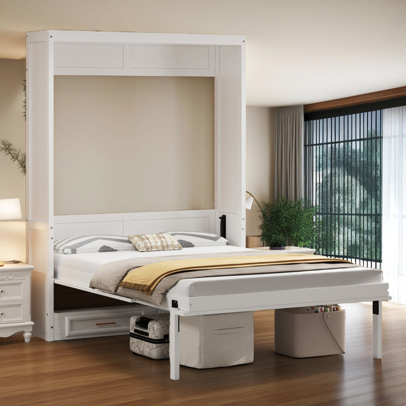 Lit escamotable double pleine grandeur avec 2 tiroirs - Beige