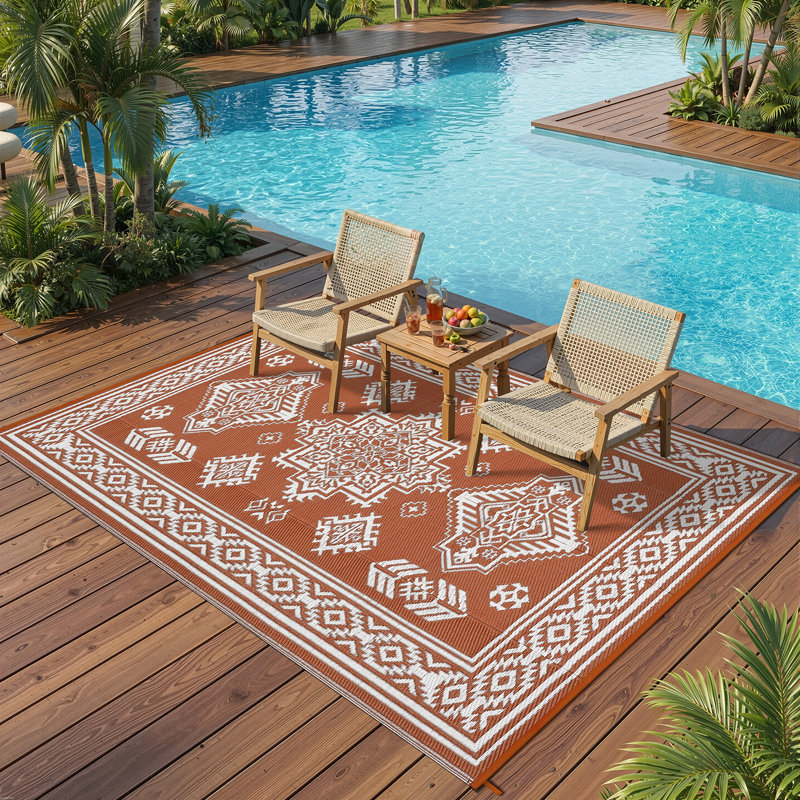 Outdoor Rug Plastic Straw Rugs with Storage Bag, 4 Stakes, for Patio Deck, Runner 9' x 18', Red