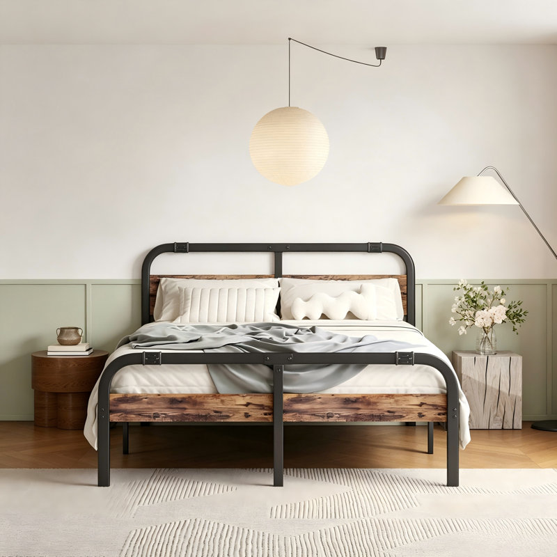 Base de lit plateforme très grand 14 po avec tête de lit en bois massif, aucun sommier nécessaire, base de lit en métal compatible avec tous les matelas, assemblage facile