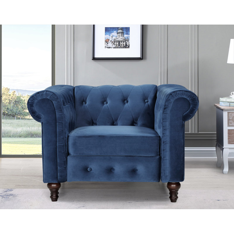 Fauteuil Chesterfield de 39,76 po Sheilds, Velours bleu foncé