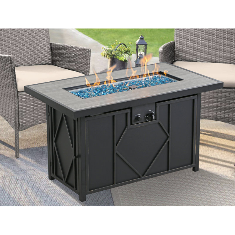 Rectangular Black Steel and Tile Propane Fire Pit Table