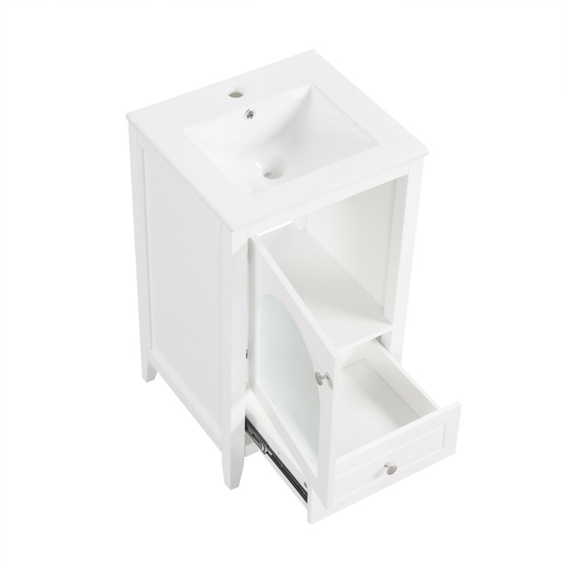 Meuble-lavabo de 20 po avec lavabo, armoire de salle de bain avec porte en verre à fermeture douce, tiroir, Blanc