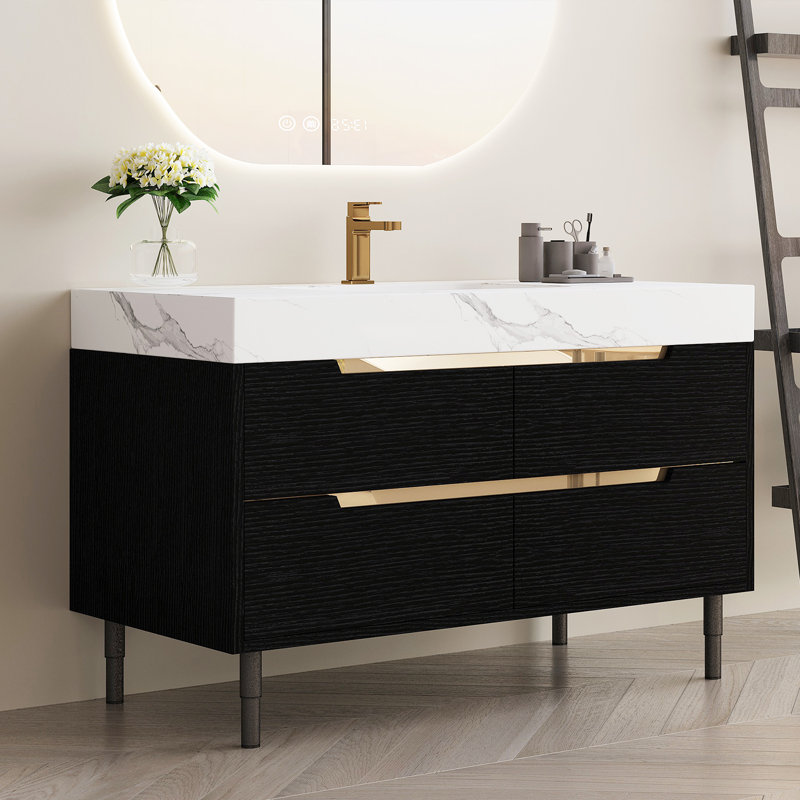 Meuble-lavabo moderne 35,4 po avec lavabo et plateau en pierre frittée, bois multi-couches imperméable, rangement de tiroirs, autoportant et mural