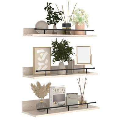 3 Pack 16 Inch Floating Wall Shelves With Black Metal Guardrail, Wall Mounted Shelf For Bedroom Bathroom Kitchen Living Room, Different Sizes
