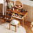 Walnut 39" Retro Bohemian Wooden Makeup Vanity Set With Stool, Charging Plug & USB Port, Dressing Table With 3 Storage Drawers & 1 Rectangular Rattan Drawer (Not Including Mirror)