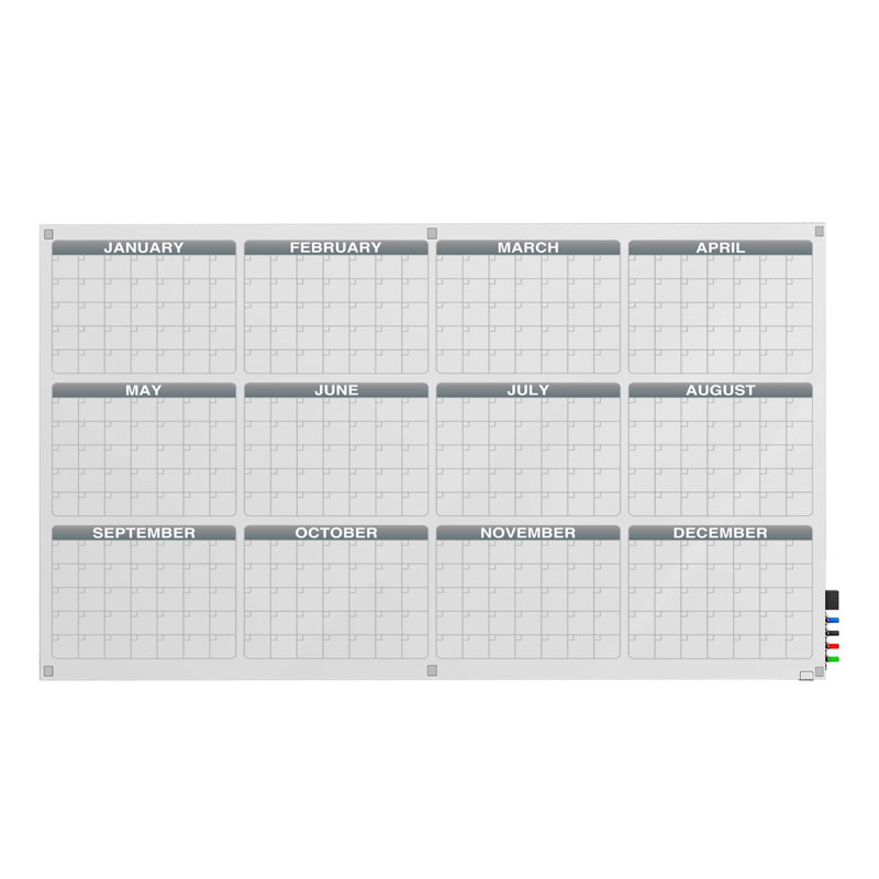 Panneau de verre harmonieux Ghent Calendrier avec entretoises, coins carrés, calendrier 1 mois, magnétique, 48 po x 72 po