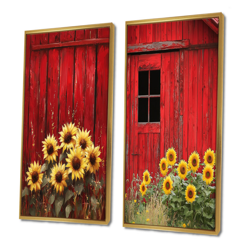 Tournesols et la grange rouge I - art mural floral, collection 2 panneaux, H 40 po x l 41 po, Cadre flottant doré