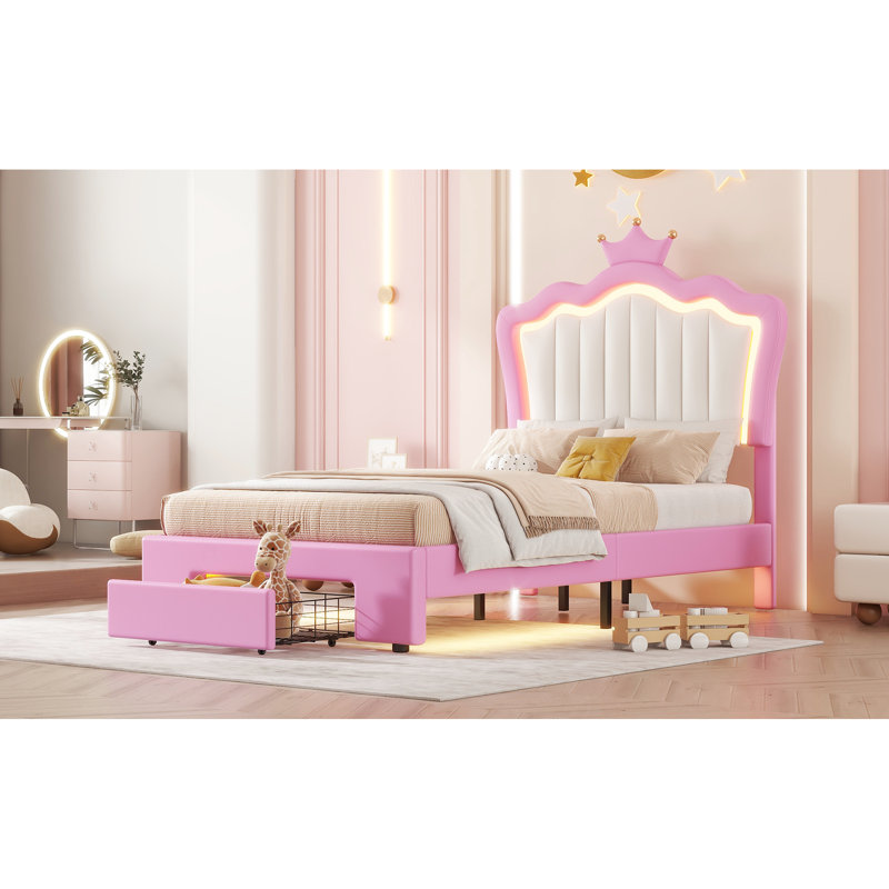 Lit plateforme tapissier simple avec tête de lit à DEL, tête de lit couronne, rose et blanc, cadre lumineux à DEL stable et paisible, délicieuse sérénité