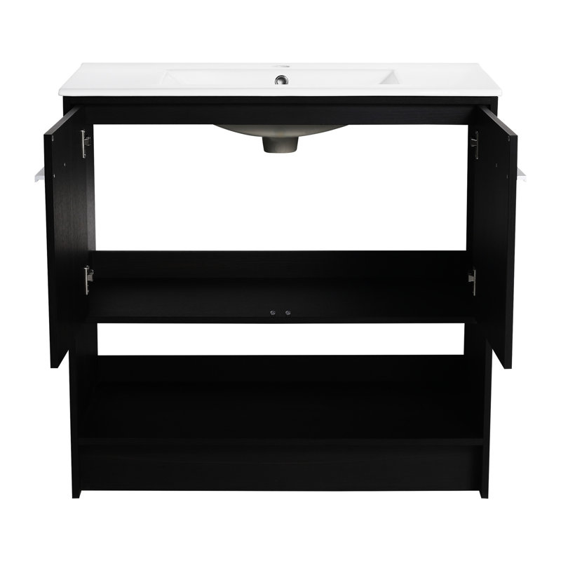 Meuble-lavabo autoportant de 36 po, lavabo en céramique, fabrication en contreplaqué, 2 portes à fermeture en douceur, structure d'armoire au fini chêne foncé, abat-jour noir