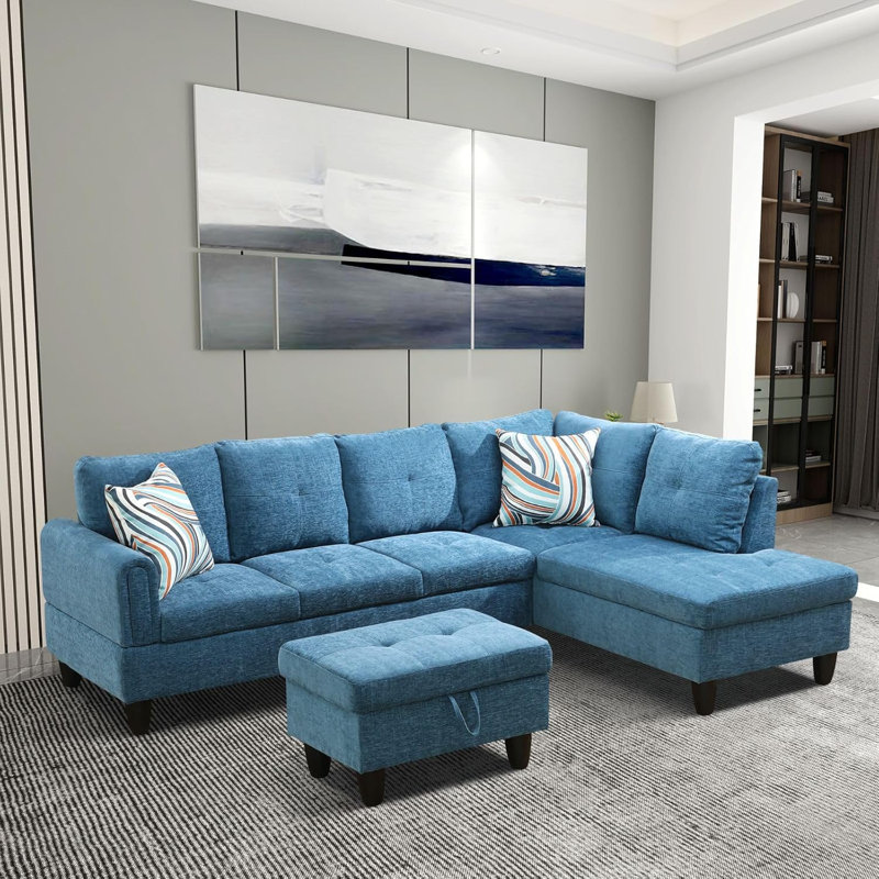 3-Piece Flannel Sectional Sofa, Gray, Right Hand Facing