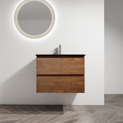 Modern 30-Inch Wall-Mounted Bathroom Vanity With Black Ceramic Sink And Soft-Close Drawers, KD-Package For Easy Installation