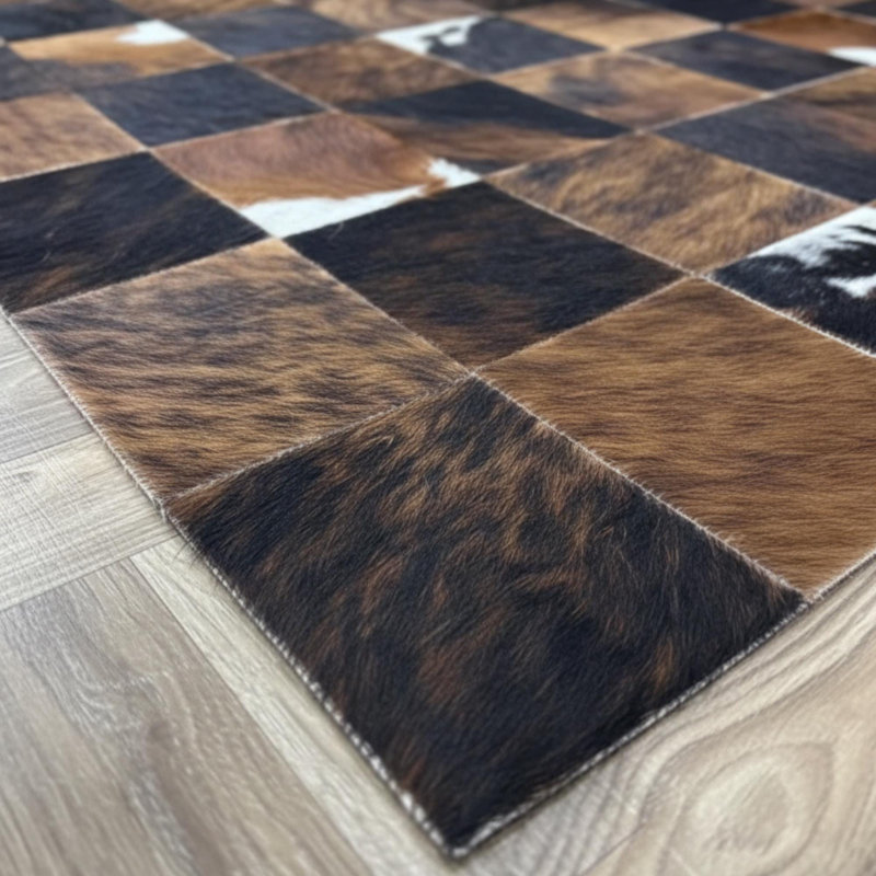 Tapis brun et noir en peau de vache, tapis à carreaux, Rectangulaire 4 pi x 6 pi