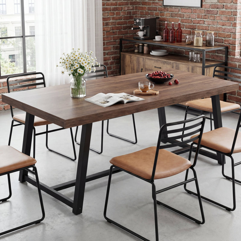 Industrial Dining Table For 6-8 People, 71" Rectangular Brown  Kitchen Table With Sturdy Metal Frame, Brown