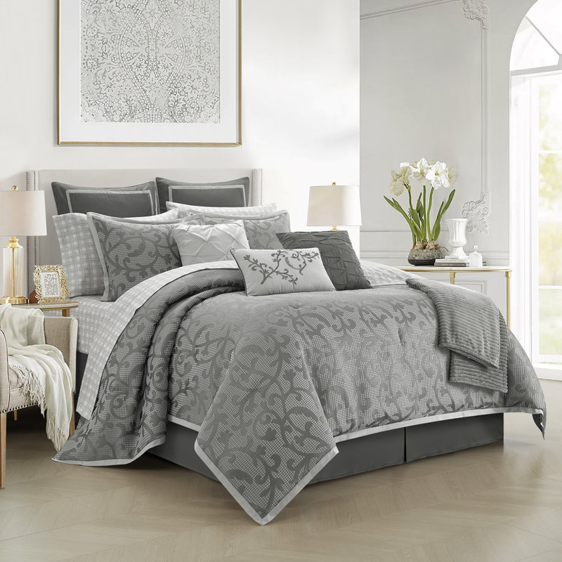 Ensemble d'édredon 14 pièces Janella, Édredon très grand + 13 pièces supplémentaires, Gris