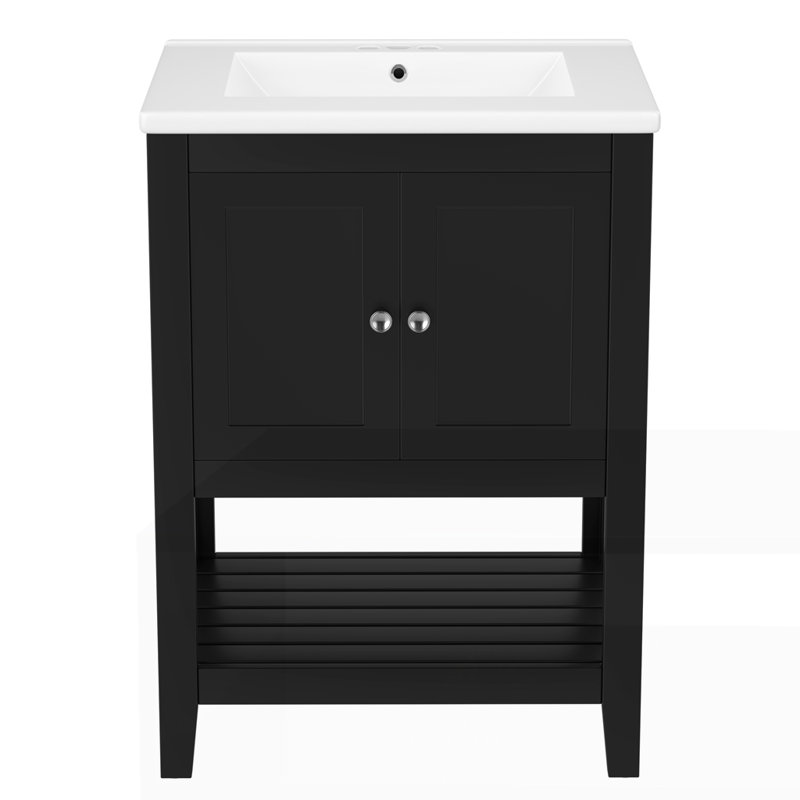 Lavabo de salle de bain moderne élégant en céramique 24 po avec tablette ouverte en bois massif, Noir