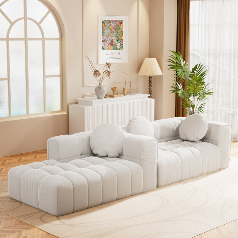 Fully Compressed Modular L-Shaped Sofa Set With Reversible Chaise & Tufted Back, Beige 